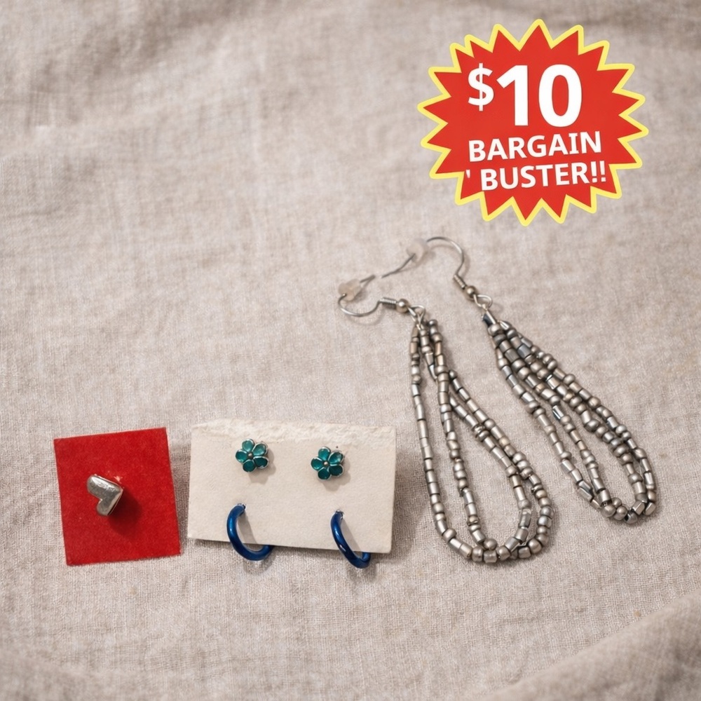 Jewelry Bundle – Silver Heart Pin, Teal Studs, Blue Hoops & Silver Bead